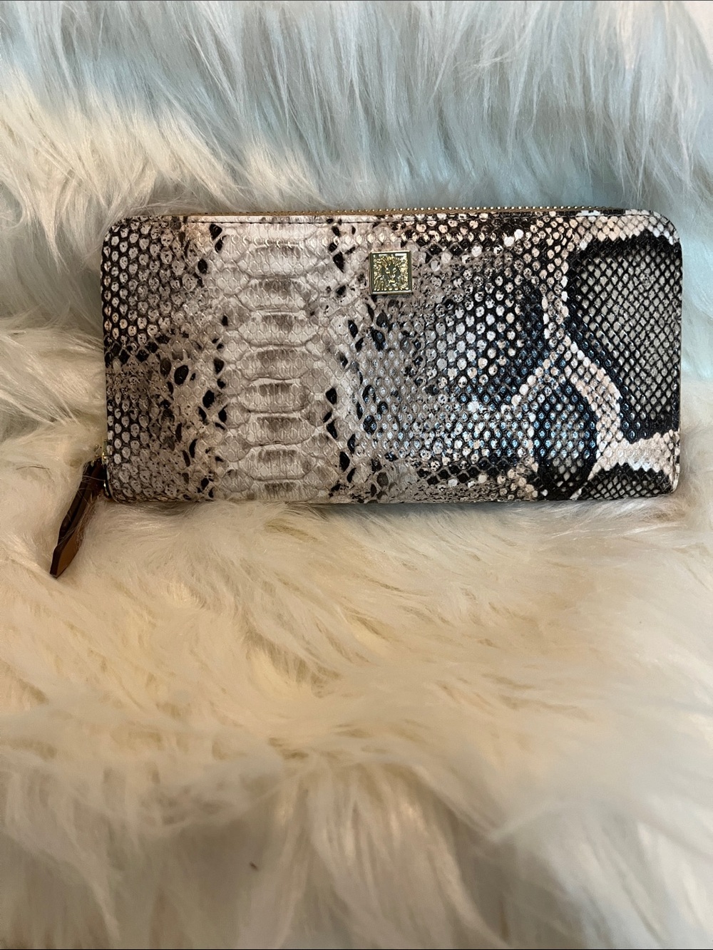 Anne Klein Snakeskin-Print Zip Wallet in Black, White, Gray